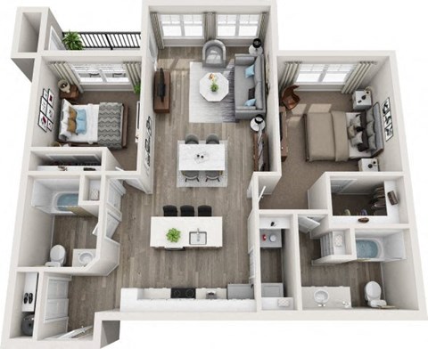 A 3D floor plan of a small apartment with a kitchen, living room, and bedroom.